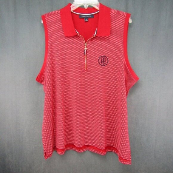 Tommy Hilfiger Red White Polka Dot Sleeveless Polo Shirt Top 1/4 Zip Size L - Picture 9 of 9